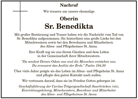 Nachruf Sr. Benedikta